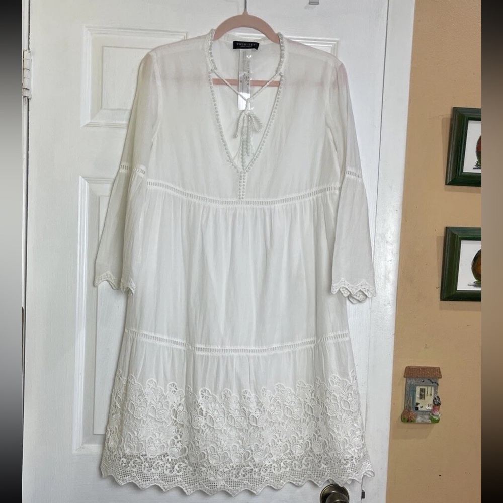 TWINSET SIMONA BARBIERI Tiered Dress Tassels Crochet Embroidered White Small